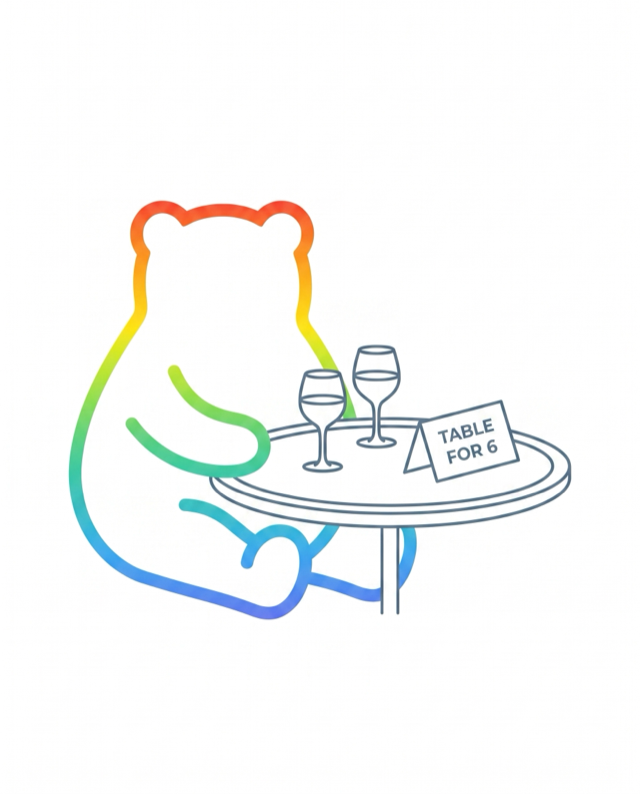 AuraBear beside a dinner table set for six